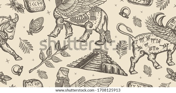Ancient Sumerian\
Civilization. Vintage seamless pattern. Mesopotamian goddess.\
Assyrian culture. Gilgamesh legends. Old school tattoo style.\
Middle East history background\
