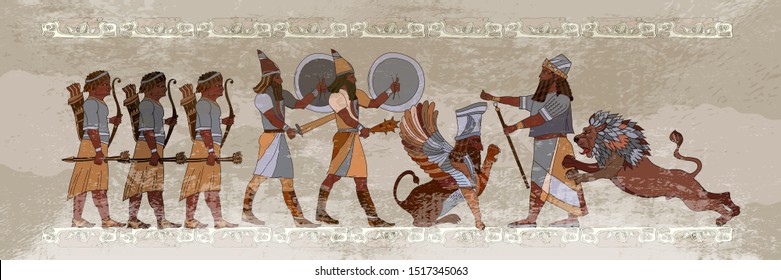 Ancient Sumerian culture. Akkadian Empire. Mesopotamia. Middle East history. King. Lion and warrior. Scene of fight. Old civilization art 