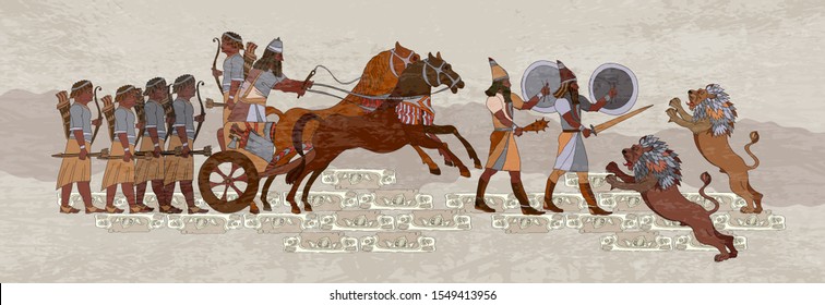 Ancient Sumerian culture. Akkadian Empire. Mesopotamia. Middle East history. Ancient civilization art. King on chariot. Lion and warrior. Scene of fight 