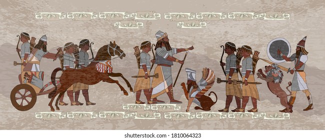 Ancient Sumerian culture. Akkadian Empire. King on chariot. Lion and warrior. Scene of fight. Mesopotamia. Middle East history. Ancient civilization art 