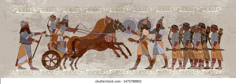 Ancient Sumerian culture. Battle scene. King on chariot. Historical warriors. Akkadian Empire. Mesopotamia. Middle East history civilization art 