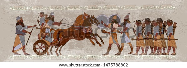 Ancient Sumerian culture. Battle scene. King on chariot. Historical warriors. Akkadian Empire. Mesopotamia. Middle East history civilization art