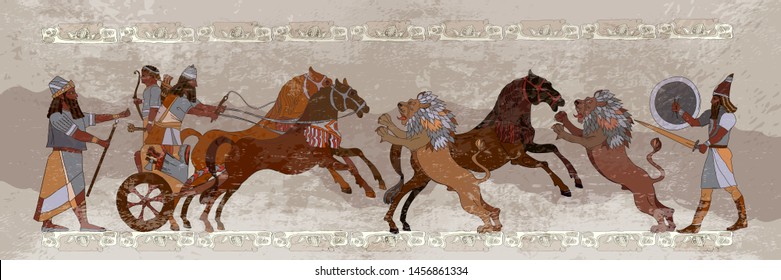 Ancient Sumerian culture. King on chariot. Lion and warrior. Scene of fight. Akkadian Empire. Mesopotamia. Middle East history. Ancient civilization art 