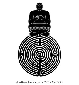 Ancient Sumerian man with folded hands sitting on a round spiral maze or labyrinth symbol. Black and white silhouette. Creative concept. Mystery of old culture.