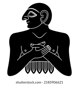 Ancient Sumerian man or priest. King of Lagash. Black and white negative silhouette.