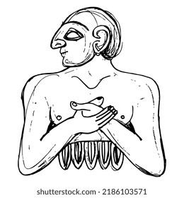 Ancient Sumerian man or priest. King of Lagash. Hand drawn linear doodle rough sketch. Black silhouette on white background.