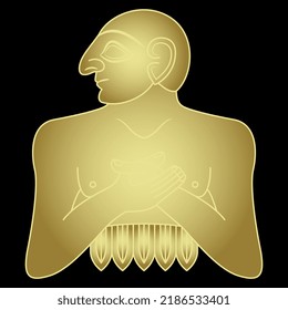 Ancient Sumerian man or priest. King of Lagash. Golden glossy silhouette on black background.