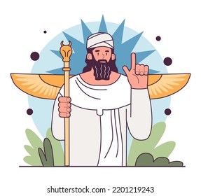 Religión sumeriana antigua. Dios mesopotámico del cielo, Anu, rey de los dioses. Historia de la humanidad. Ancianos de la humanidad, concepto de estudio de la antropología. Ilustración vectorial plana