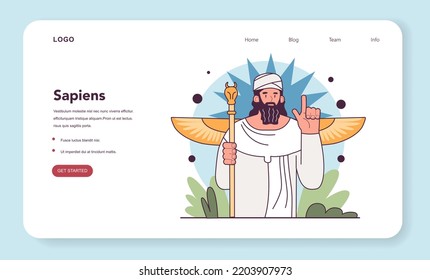 Ancient Sumerian Religion Web Banner Or Landing Page. Mesopotamian God Of The Sky, Anu, King Of Gods. Humankind History. Humanity Ancestors, Anthropology Studying Concept. Flat Vector Illustration