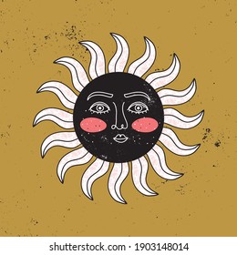Ancient sun with face in a stylized modern style on a gold background. Sacred and Mystical old symbol in one continuous art line. Vintage heraldic emblem. Contemporary hand drawn vector illustration