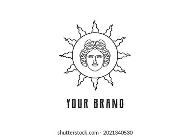 Ancient Sun with Greek God Apollo Head Face Logo Design Vector