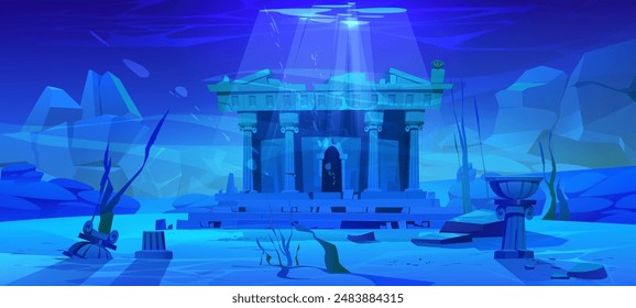 Ancient sunken Greek temple on sea bottom. Cartoon vector illustration of blue marine landscape with Rome pantheon ruins with columns deep under water. Fantasy lost civilization city on seabed.