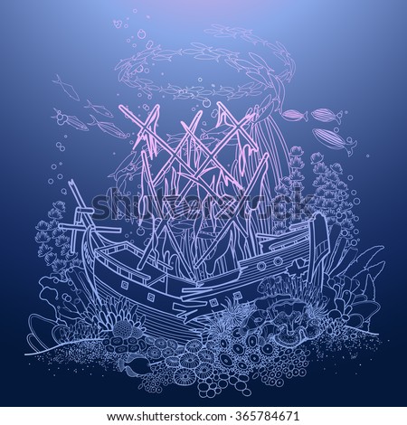 Ancient Sunken Ship Coral Reef Drawn Stock Vector Royalty