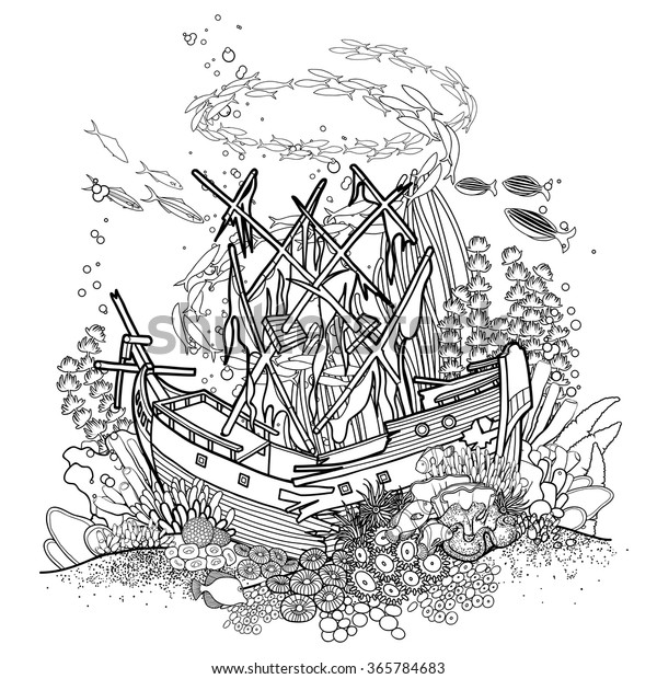 Ancient Sunken Ship Coral Reef Drawn Stock Vector Royalty Free 365784683
