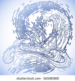Ancient sunken ship during a storm. Vector marine illustration drawn in line art style in blue colors