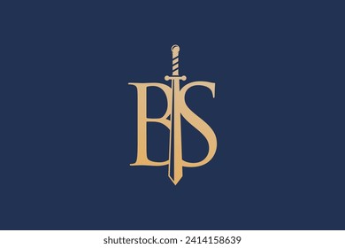 Ancient sword lustration logo, with initials B and S, luxury golden color, financial business icon symbol.