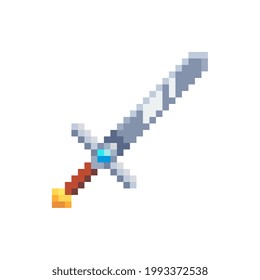 Ancient sword. Medievalist weapons. Pixel art style icon, isolated vector illustration. Design for sticker, mobile app and logo. Game assets 8-bit sprite.