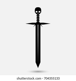 Ancient sword with spikes and skull on its handle vector icon. Medieval cold weapon silhouette isolated on white background.
