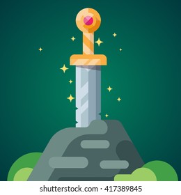 Ancient sword in the stone. Illustration for games, web application. Vector illustration. Very easy to edit. 
