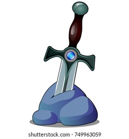 An ancient sword stuck in a stone isolated on white background. Vector cartoon close-up illustration.