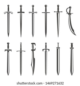 Ancient swords icon set, soldier and warrior armour. Knight vintage traditional symbol. Vector swords illustration isolated on white background