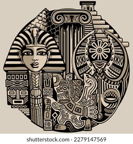 Ancient Symbols and Architecture, Egypt, Greece, Aztecs, Africa, Tribal Figures and Art Vector Round Illustration
