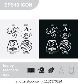 Ancient symbols of four elements with subscribe flat black and white vector icon.