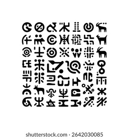 Ancient symbols vector collection petroglyphs and rock art icons set black primitive script elements for historical or archaeological design