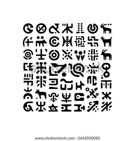 Ancient symbols vector collection petroglyphs and rock art icons set black primitive script elements for historical or archaeological design