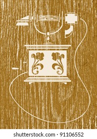 ancient telephone on wood background, vector illustration
