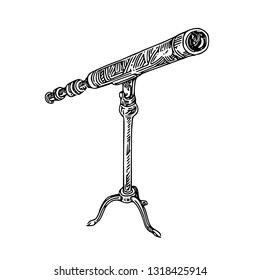 Ancient Telescope. Sketch. Engraving Style. Vector Illustration.