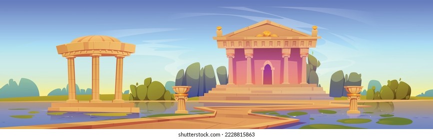 Ancient temple, antique architecture building with columns and paved pathway at water pond. Medieval Roman or Greece religious construction, famous historical landmark, Cartoon vector illustration svg