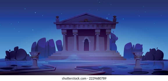 Antiguo templo construyendo paisaje nocturno. Arquitectura antigua con columnas y sendero pavimentado en un estanque bajo un cielo estrellado oscuro. Lugar histórico medieval romano o griego, ilustración vectorial de dibujos animados