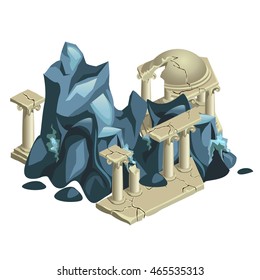Ancient temple destroyed by the falling boulders. Vector illustration.
