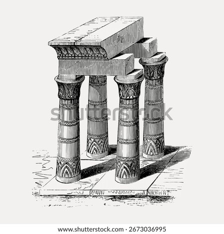 Ancient temple illustration with columns. Detailed drawing of temple columns, showcasing intricate design. Historical architecture with classic temple pillars. Vintage illustration, vector.