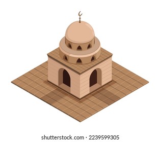 Templo antiguo, mezquita musulmana isométrica con muros de piedra, cúpula y símbolo de media luna encima. Edificio religioso para las oraciones llanas. Vector 3D realista aislado en fondo blanco