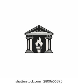 Ancient temple logo with sacred flame symbol in clean black-and-white illustration style. Symbolizing heritage, knowledge, and enduring values for apparel brands, clothing identity, and print businesses.