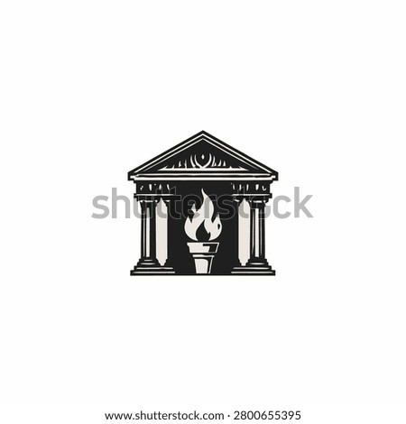 Ancient temple logo with sacred flame symbol in clean black-and-white illustration style. Symbolizing heritage, knowledge, and enduring values for apparel brands, clothing identity, and print businesses.