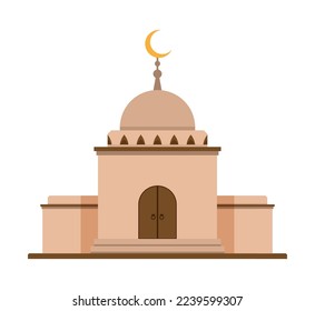 Ancient temple, muslim mosque facade with stone walls, wooden doors, dome and crescent symbol on top. Religious building for prayers flat. Vector isolated on white background