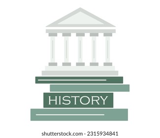Ancient temple on books. Stack of textbooks on the history of ancient Greek architecture. Building design study. Monument, memorial. Story about Greece. Vector illustration.