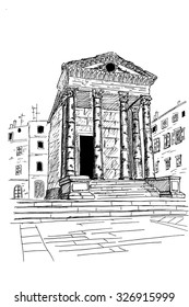 ancient temple in Pula, Croatia. Vector sketch.