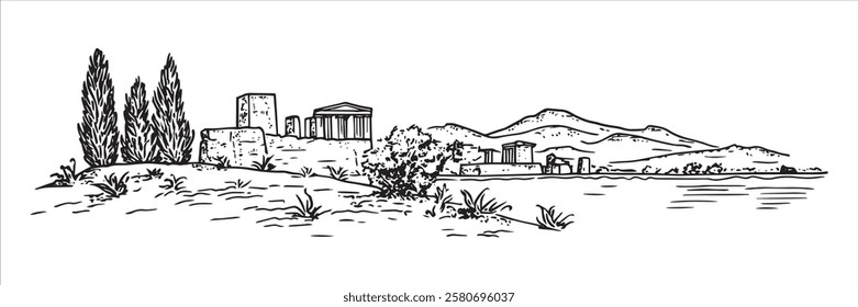 ancient temple ruins with cypress trees and mountain backdrop, hand-drawn vector scene