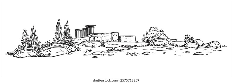 ancient temple ruins with scattered stones and vegetation hand-drawn sketch doodle