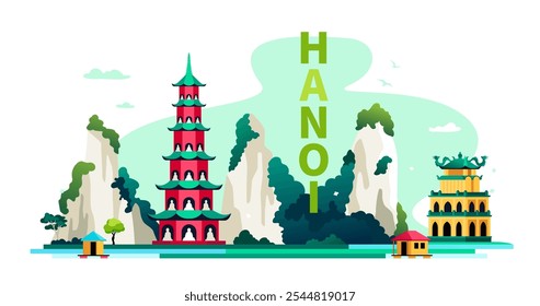 Ancient Temples of Hanoi - modern colored vector illustration