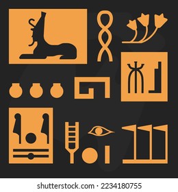 Ancient texts from Egyptian civilization, hieroglyphs and silhouettes of signs and symbols. Pharaoh and waves with lines, code or special language of old times. Vector in flat style illustration