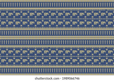 Ancient Thai Art On Dark Blue, Pattern, Elephant Pattern, Seamless, Design For Background, Wallpaper, Product, Fabric, Batik, Carpet, Wrap, Clothing, Vector Illustration, Thai Style.