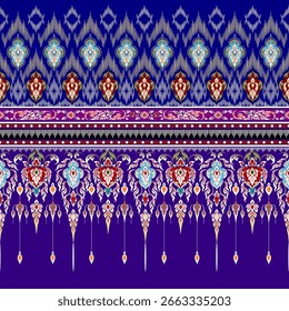 Ancient Thai pattern, beautiful colors, mixed with gold, hand drawn, purple, blue background, seamless, for digital printing, textiles, sarongs, loincloths, wallpapers