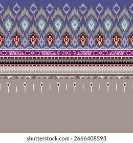 Padrão tailandês antigo, cores bonitas, desenhado à mão, roxo, fundo cinza, sem costura, para impressão digital, têxtil, sarong, tanga, papel de parede