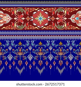 Antiguo patrón tailandés, hermosos colores, color dorado, dibujado a mano, fondo azul, sin costuras, para la impresión digital, tela, sarong, taparrabos, Fondo de pantalla.
