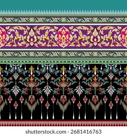 Ancient Thai pattern, beautiful colors, hand-painted gold, purple, blue, black background, seamless, for digital printing, textile, sarong, loincloth, wallpaper
